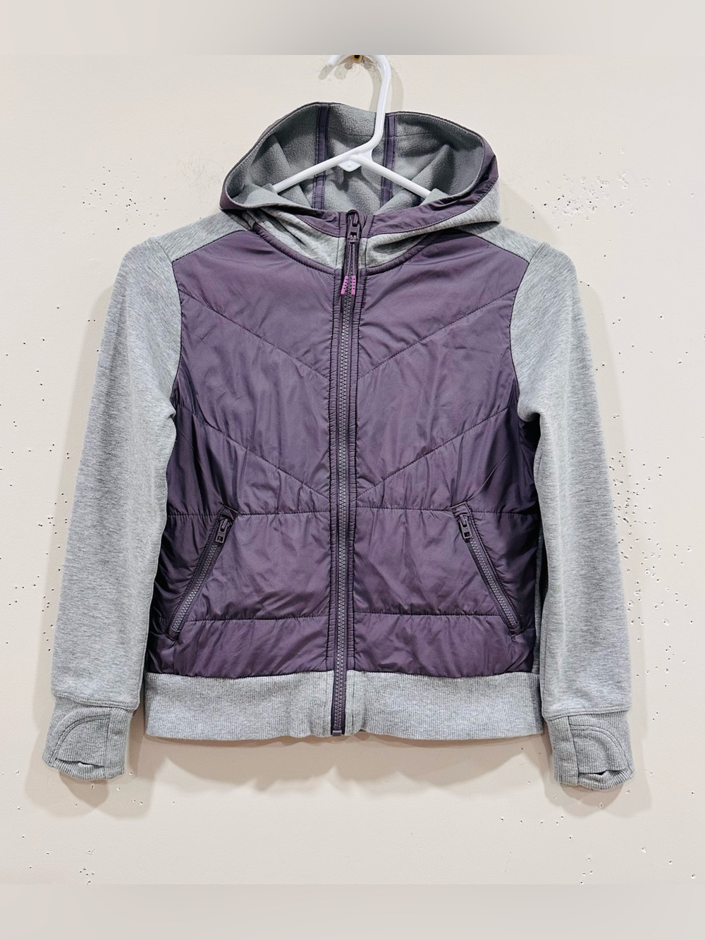Athleta Girl Hooded Zip Jacket Girls S/7 Gray Purple Quilted Insulated